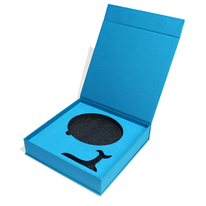 Caixa de embalagem de presente magnética azul feita para produtos com espuma e design personalizado