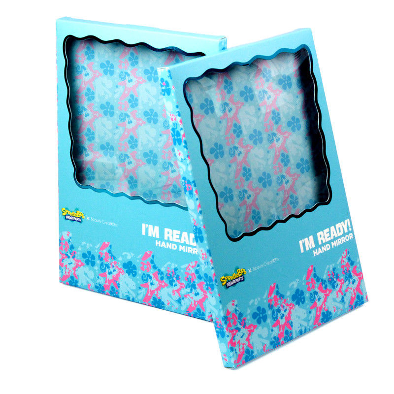 Embalagem de caixa de presente de papel azul personalizada com janela clara para espelho cosmético