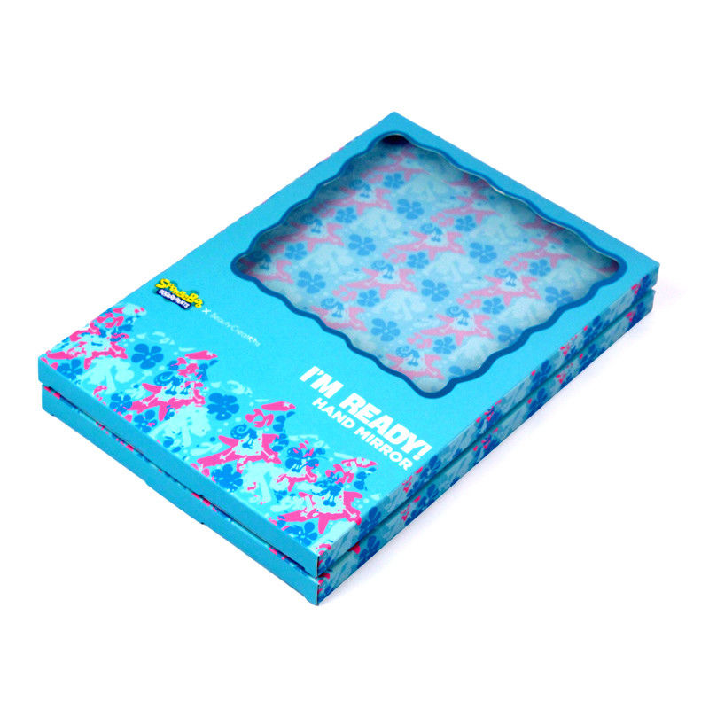 Embalagem de caixa de presente de papel azul personalizada com janela clara para espelho cosmético