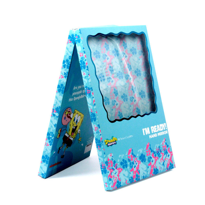 Embalagem de caixa de presente de papel azul personalizada com janela clara para espelho cosmético