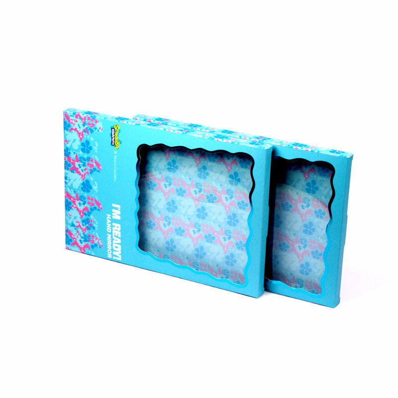 Embalagem de caixa de presente de papel azul personalizada com janela clara para espelho cosmético