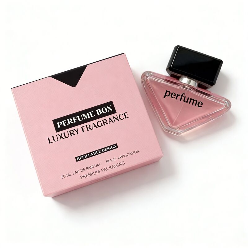 Caixa de embalagem de perfumes de papel V-Cut com cartão rígido de 350,400 gm e impressão em quatro cores, estampação a quente, UV