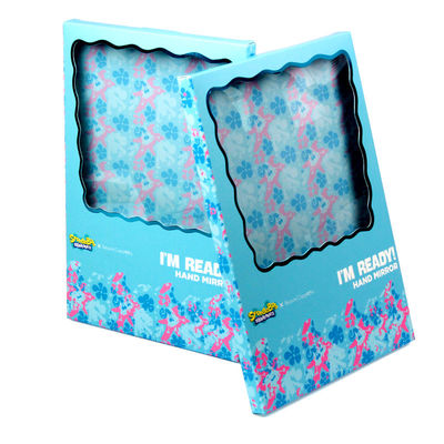 Embalagem de caixa de presente de papel azul personalizada com janela clara para espelho cosmético